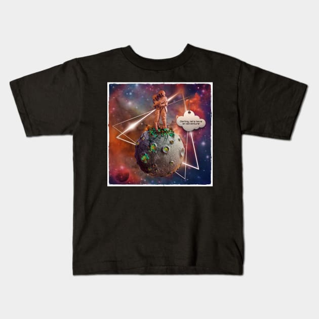 Surreal Astronaut Couple on Tiny Planet in Space Having an Adventure Kids T-Shirt by OrionLodubyal